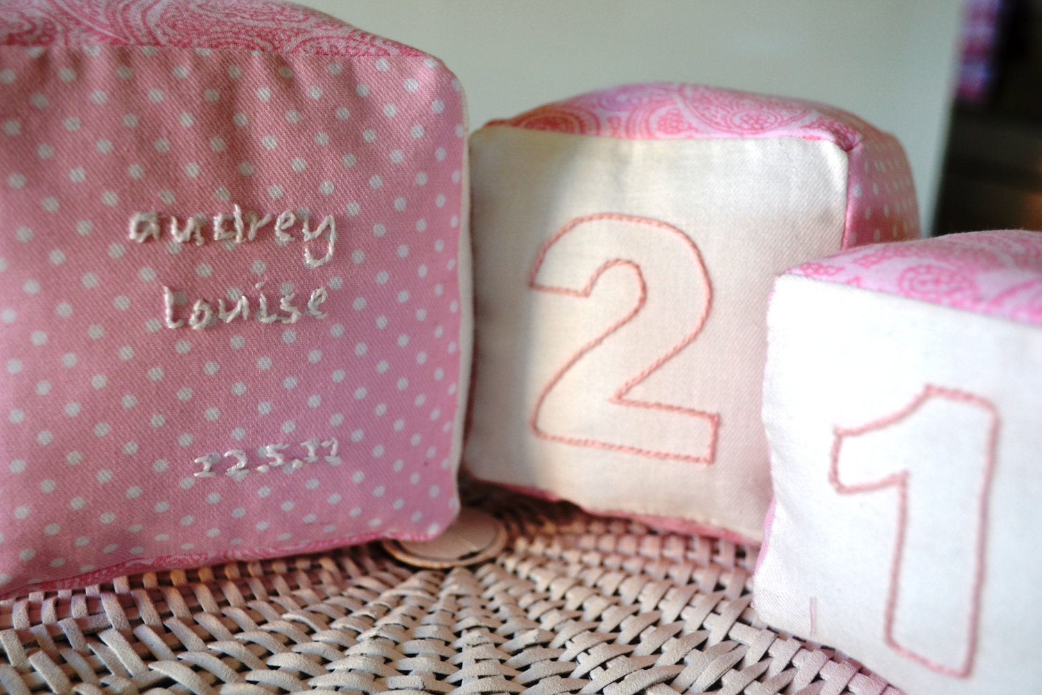 Fabric Baby Blocks Personalised with Name and Date of Birth in Pink