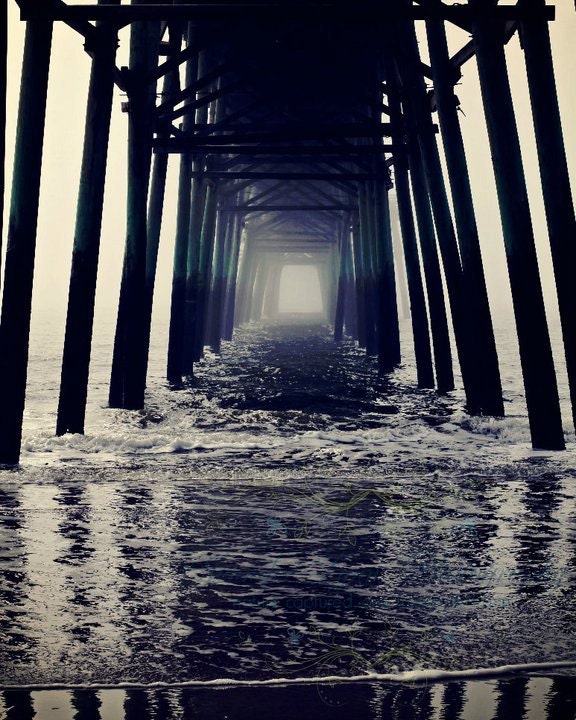 beach photography black blue white ivory reflection pier ocean / 8x10 Fine Art Photograph / Oak Island, NC /  Looking Glass