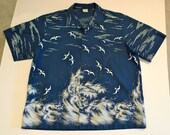 Hawaiian Aloha Shirt Surf Border Print Napili Mapili Hawaii Seagulls Waves Blue Navy XXL Extra Large  Tiki Wear retro 70s FREE SHIP