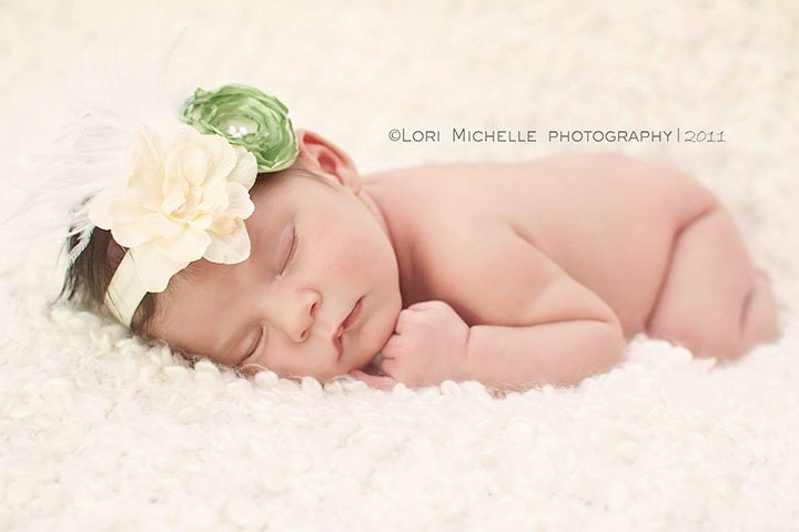 Vintage Inspired Ivory and Green Flower Headband - Newborn / Baby Girl and Toddler Headband - Great Photo Prop