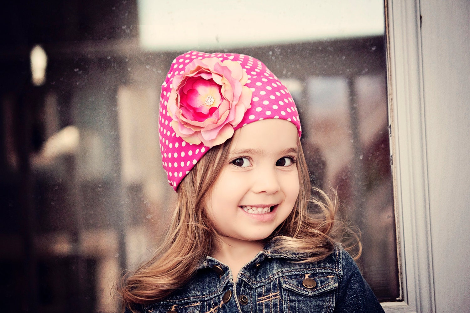 Adorable Valentine Pink and White Polka Dot Baby Girl Toddler Hat with Pink Flower Clip - Perfect for Valentines Day