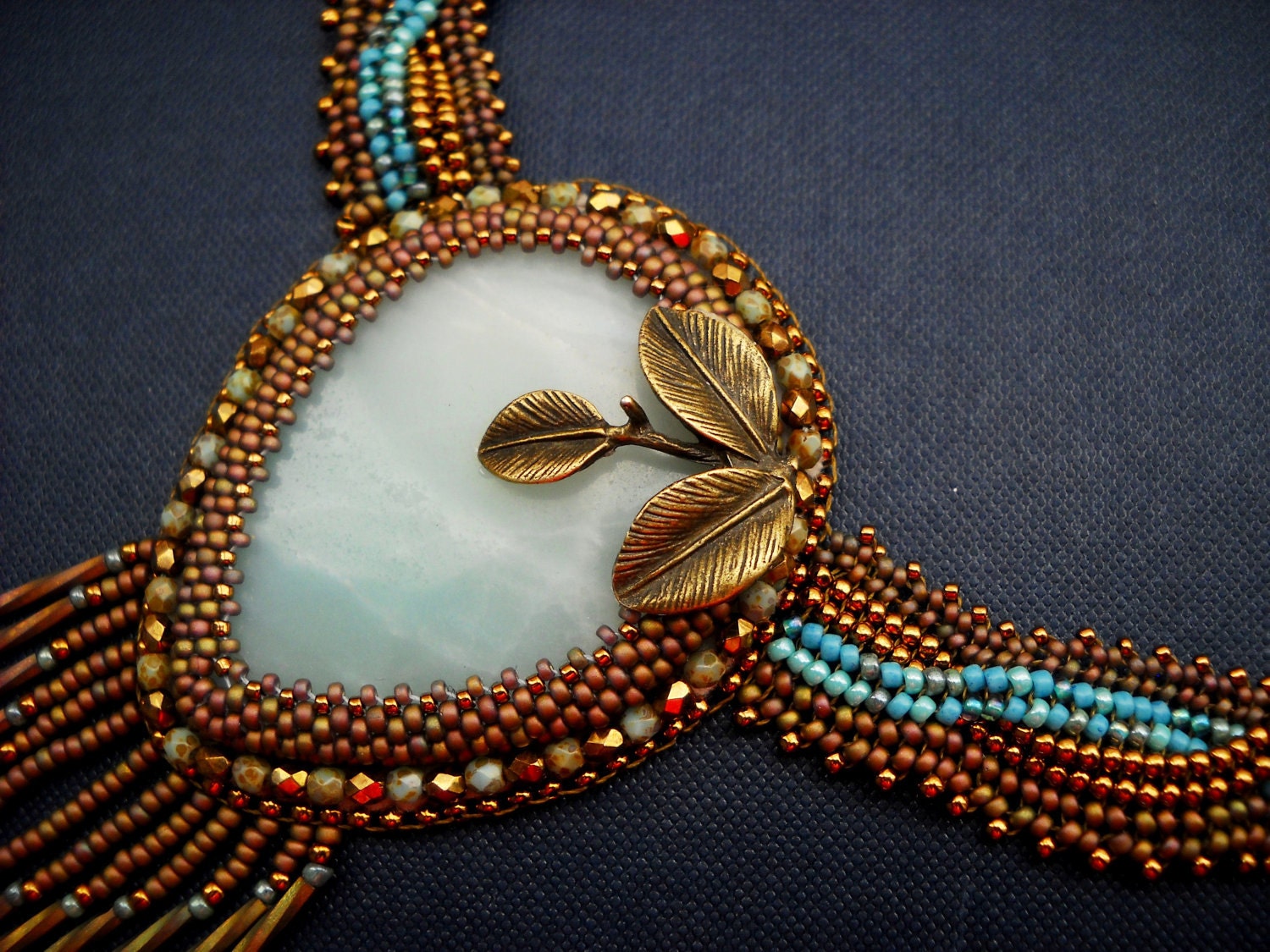 Turquoise Bead Embroidery Necklace  Bead Embroidered Teal Blue Gold Bronze Amazonite