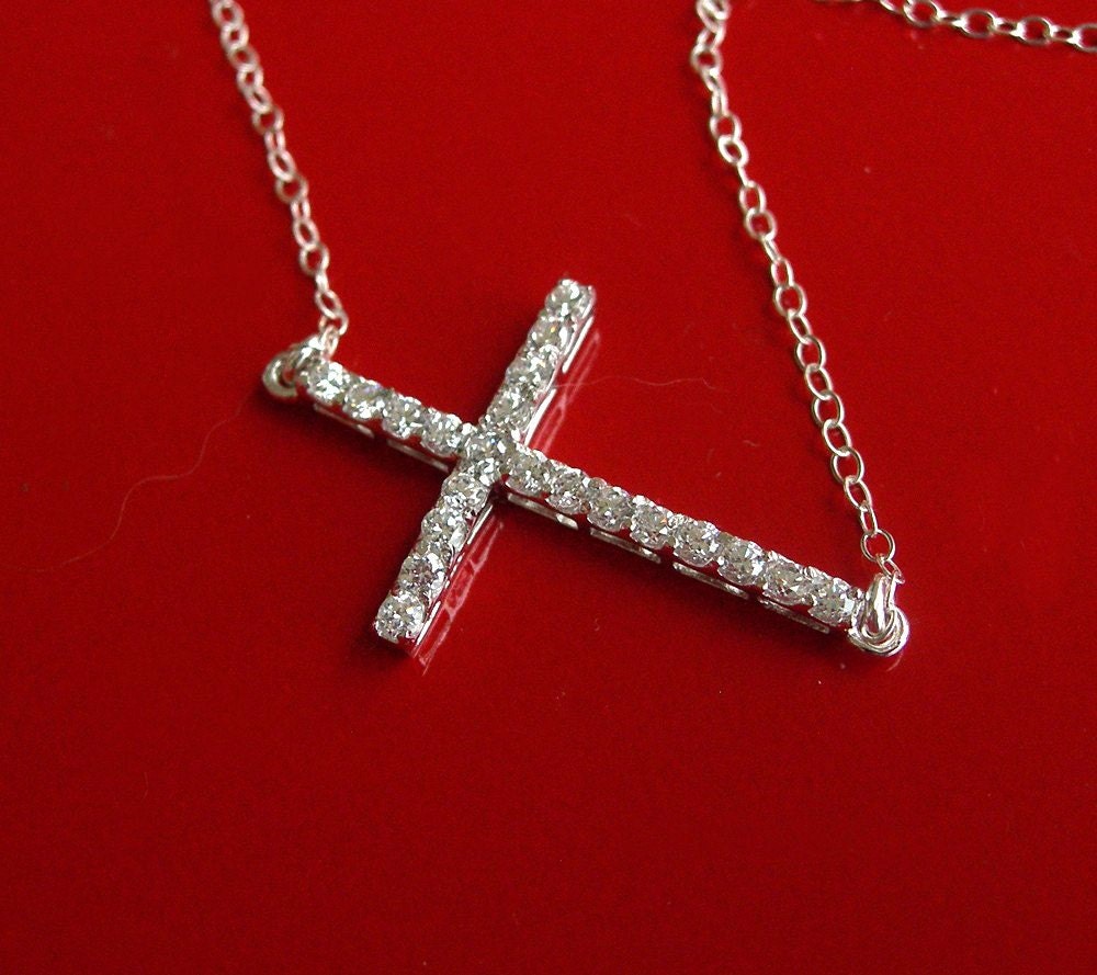 CZ Sideways Cross Necklace Vanessa Hudgen Style - Sterling Silver