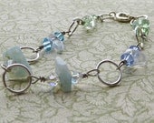 Bracelet amazonite, fluorite, and Swarovski crystal, sea greens and blues, wire wrapped seafoam colors