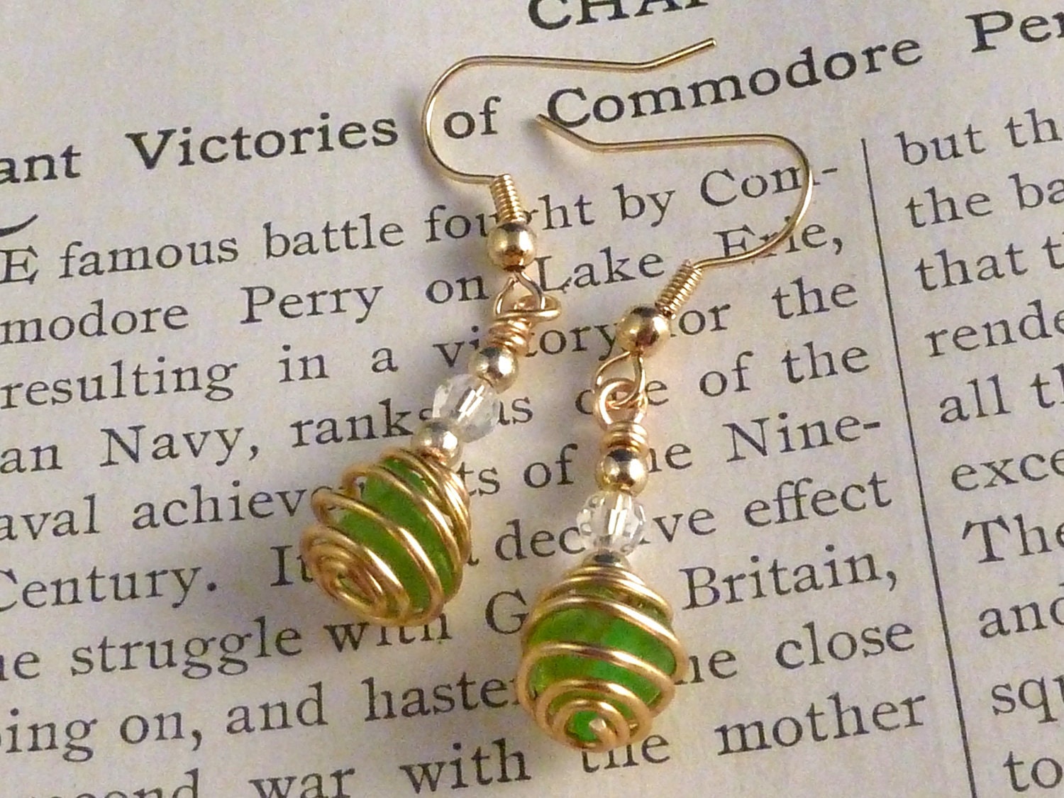 Green beach glass earrings cage wire wrapped, Swarovski crystal, gold plate, beach wedding