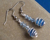 Cornflower blue mermaid tear beach glass earrings, wire wrapped spiral cage, swarovski crystal, hypoallergenic ear wires