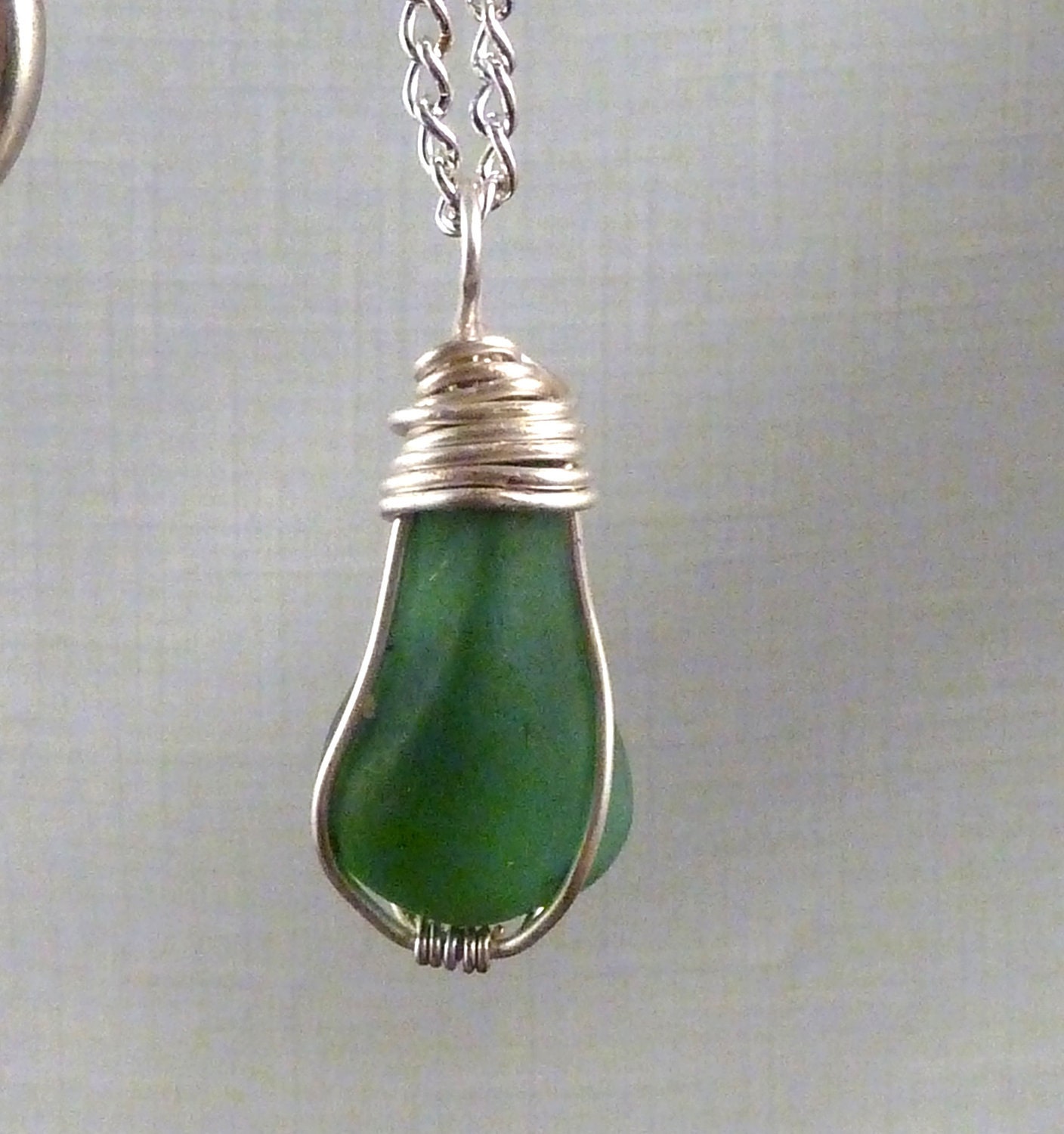 Sea glass necklace teal Lake Erie beach glass cap cage wrapped pendant, beach wedding, silver plated