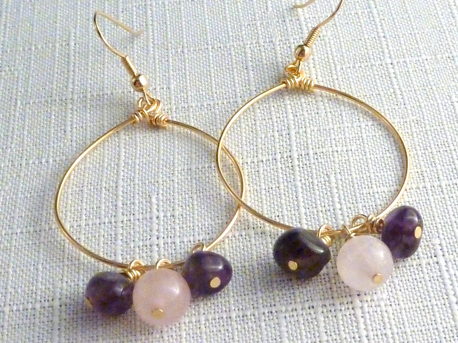 Amethyst and rose quartz earrings, February birthstone, handmade hoops