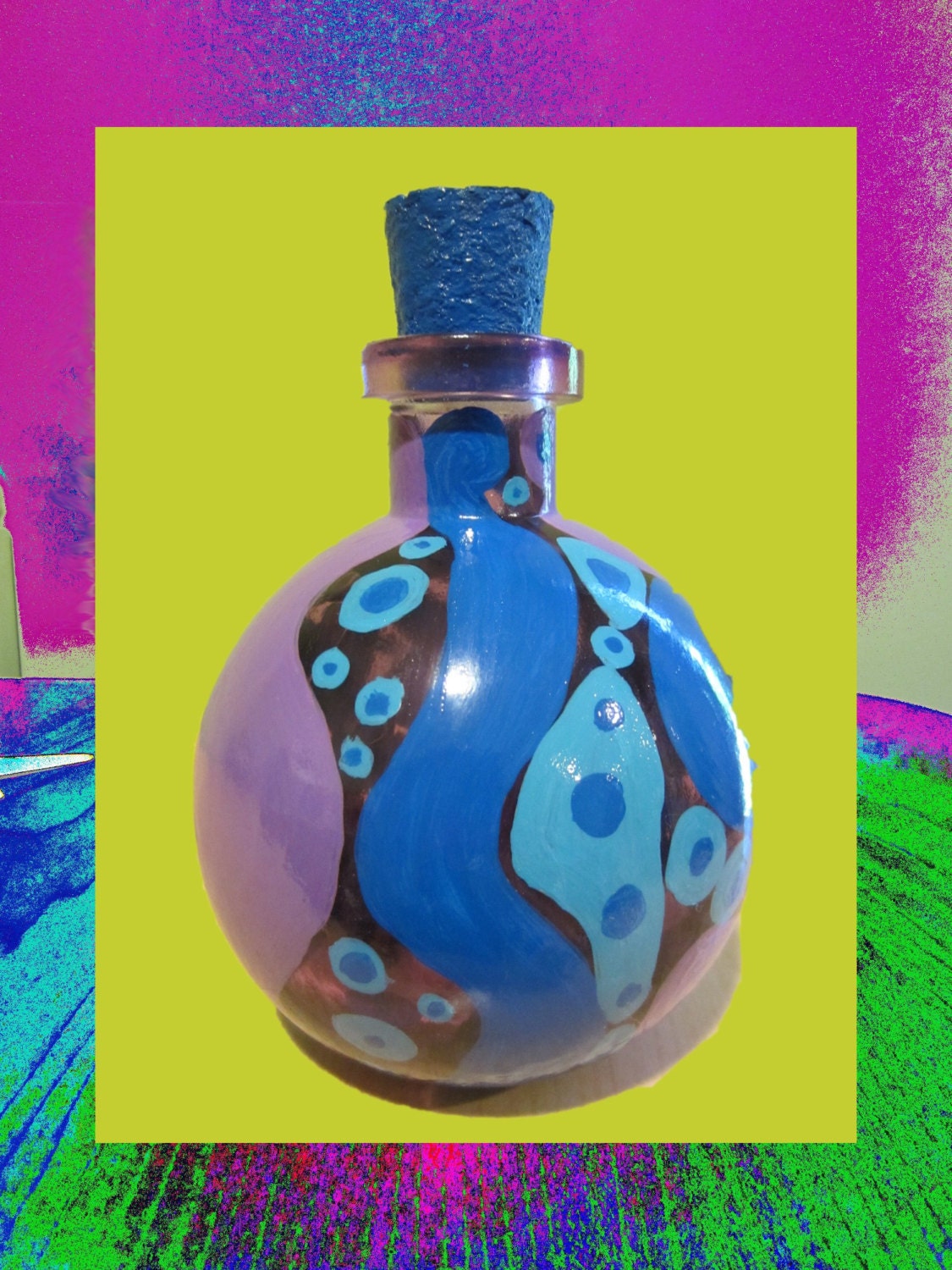 Bottle Art , Painted Bottle , Funky Art , Funky and Original Art On Bottles , Purples And Blues , One Of A Kind Handpainted Original Design