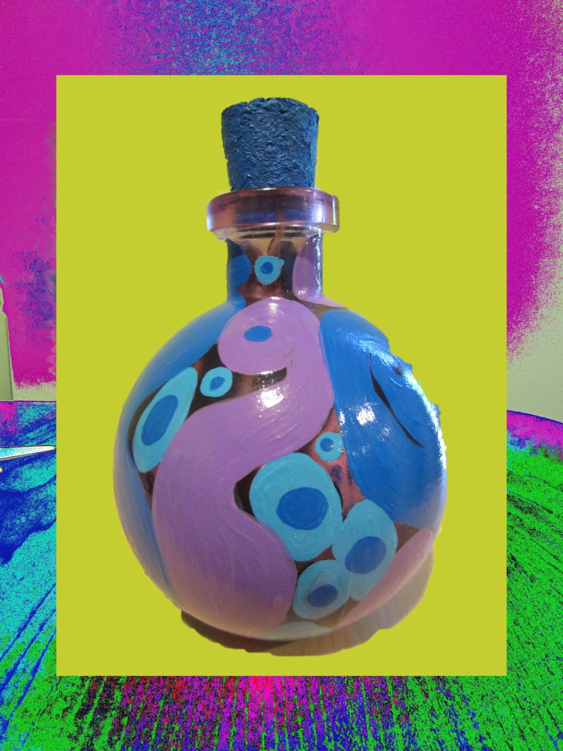 Bottle Art , Painted Bottle , Funky Art , Funky and Original Art On Bottles , Purples And Blues , One Of A Kind Handpainted Original Design