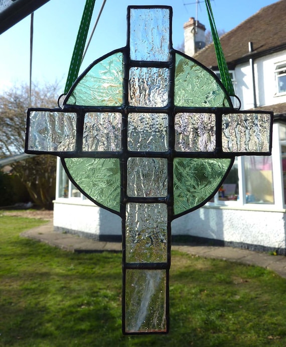 Green and Clear Celtic Cross, stained glass light catcher
