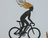 Ride like your hair is on FIRE bike Linocut Print