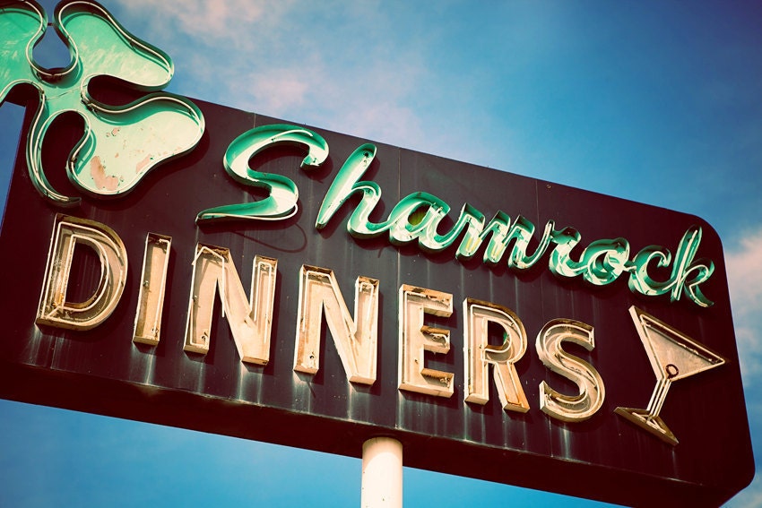 Historic Highway 99 Vintage Shamrock Dinners Neon Sign - Retro Kitchen Decor - St. Patrick's Day Decor - 12X18 Fine Art Photograph