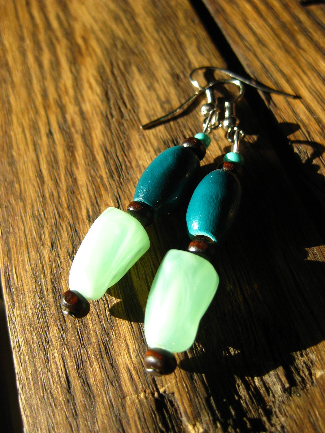Tumbled Jade & Wood Beaded Earrings-Teal and Brown on Sterling Silver Hooks