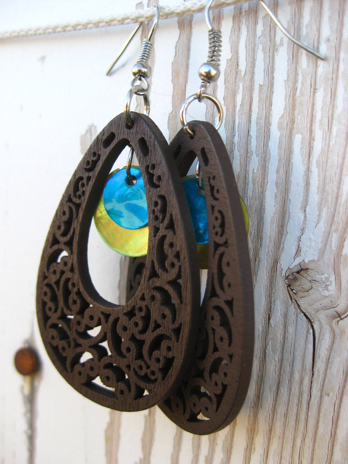 Dangle Earrings-Carved Dark Wood & Shells- Scrolled Wood Earrings- Teal-Green-Silver Hooks