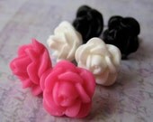 Bridesmaids Earrings - Flower Earring Studs - 3 Pair Set - Trio - Pink, Black, White