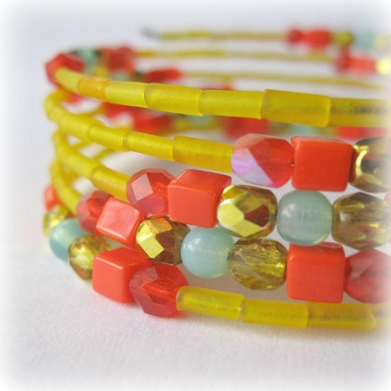 Neon Bracelet - Summer Jewelry - Wrap Bracelet - Memory Wire Bracelet - Yellow - Tangerine - Orange - Aqua - Metallic - Fashion