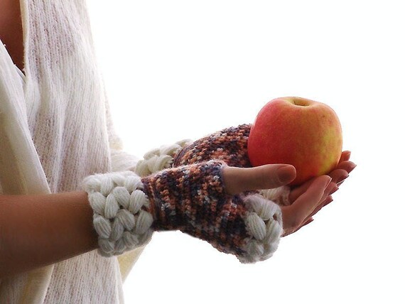 Crochet mittens, fingerless gloves, arm warmers, wool acrilyc blend yarn, weave braids, harvest