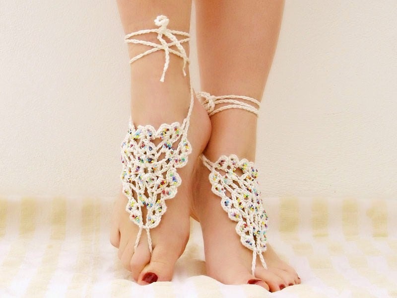 Crochet Beads Creame Barefoot Sandals, Nude shoes, Foot jewelry, Wedding, Victorian Lace, Sexy, Yoga, Steampunk, Beach Pool