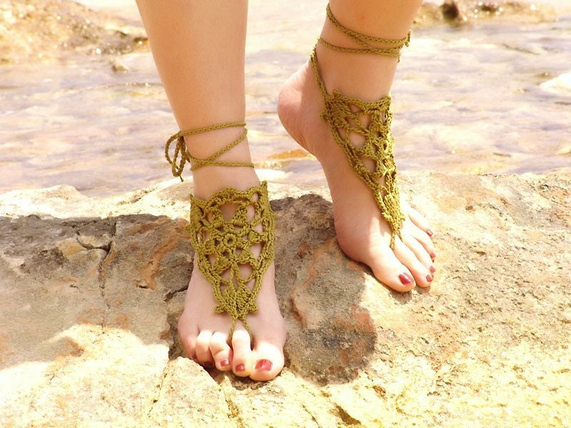 Crochet Khaki Barefoot Sandals, Nude shoes,  Foot jewelry,Wedding, Victorian Lace, Sexy, Yoga, Anklet , Bellydance, Steampunk, Beach Pool