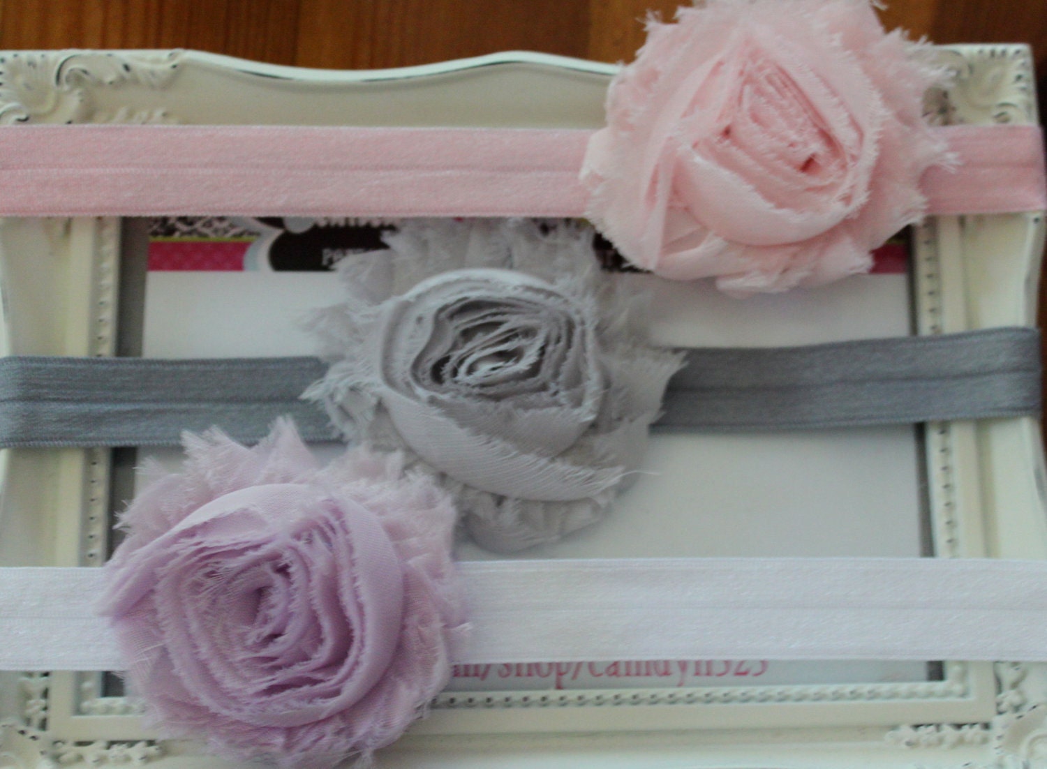 Boutique Girls Set of 3 Shabby Chic Vintage Chiffon Rosette Flower on a Elastic Headband Pink Grey and Purple