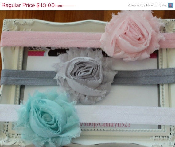 NEW PRICE Boutique Baby Girls Set of 3 Shabby Chic Vintage Chiffon Rosette Flower on a Elastic Headband Pink Grey and Aqua