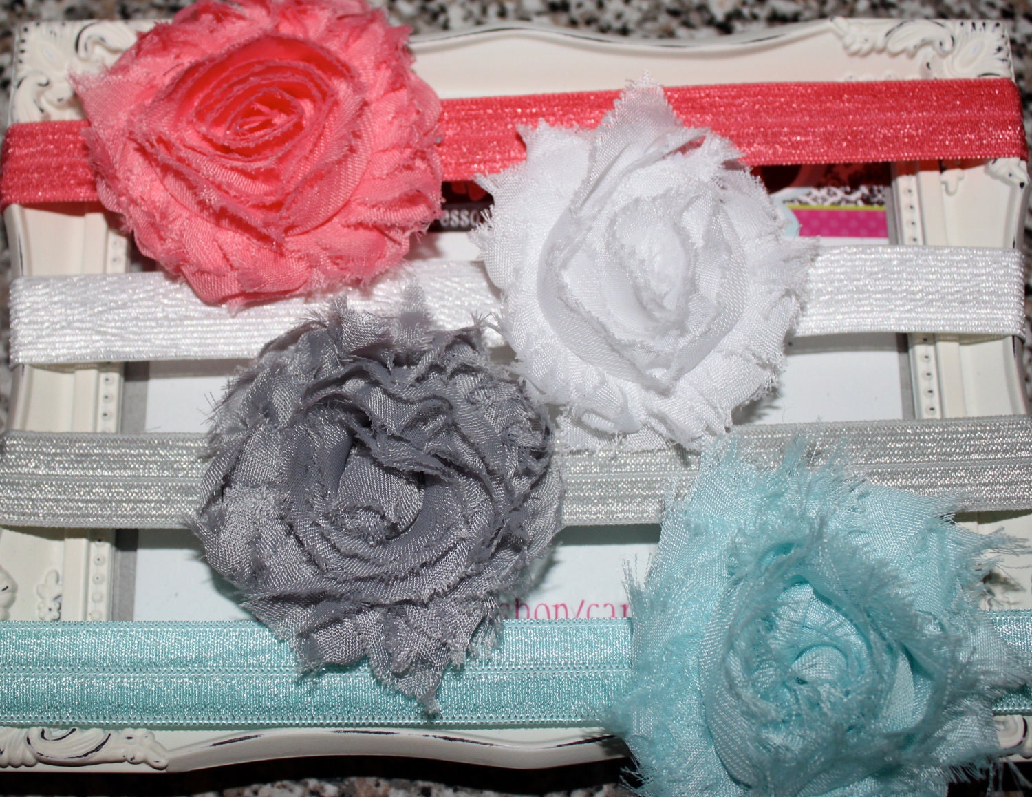 NEW PRICE Boutique Baby Girls Set of 4 Shabby Chic Chiffon Rosette Flower on a Elastic Headband White Coral Grey Aqua.Perfect for Newborns