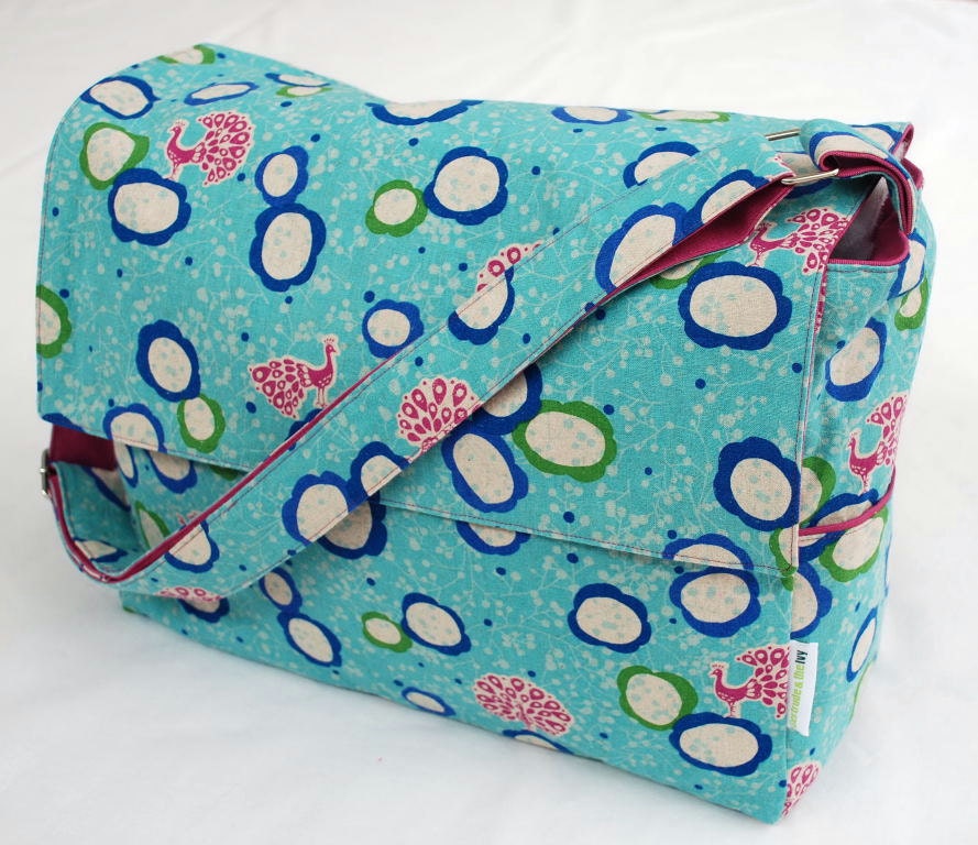 Diaper / Lge Messenger / Nappy Bag - The Fuschia Peacock with fuschia lining