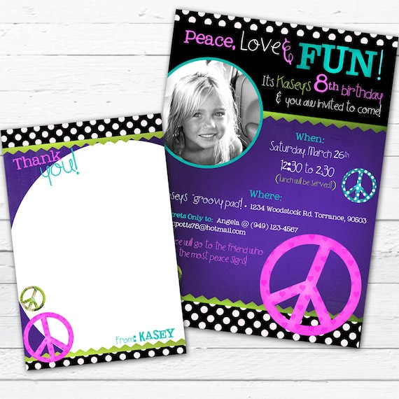 Peace Sign Birthday Invitation Photo Card and Coordinating Thank You Note--Peace Love and Fun Il_570xn