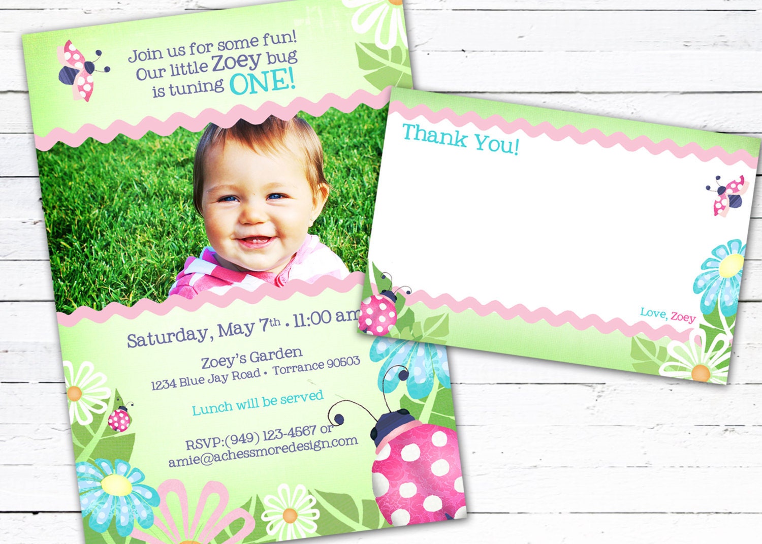 Ladybug Birthday Invite Photo Card and Matching Thank you Note-- Little Bug Il_570xn
