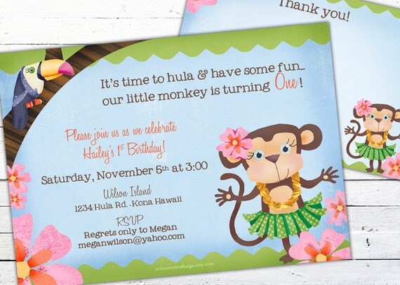 Hula Monkey Birthday Invitation-- Luau monkey Il_570xn