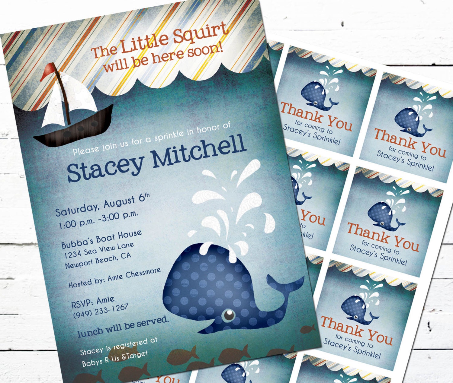 Whale Baby Shower Invitation and Gift Bag Tags-- Little Squirt Il_570xn
