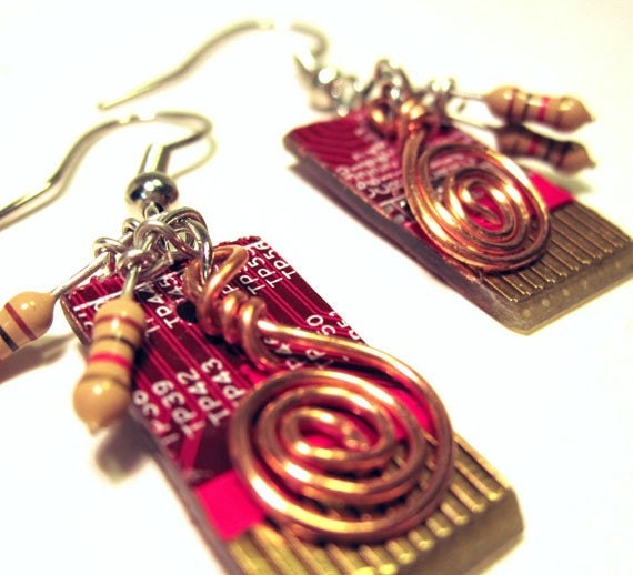 RED HOT Computer Circuit Board Dangle Earrings