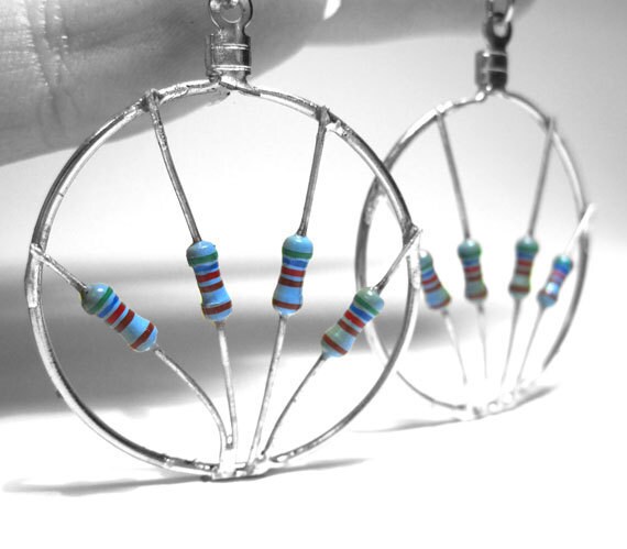 Computer Parts Hoop Earrings Blue Resistors Fan Computer Jewelry