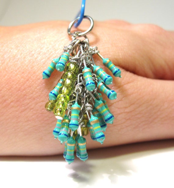 Resistor Necklace Cluster Teal Green Blue Upcycled Computer Parts