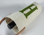 Canvas Wine Bag Personalized Monogram Green Leather Handle  Hostess Holiday Party Bottle Tote