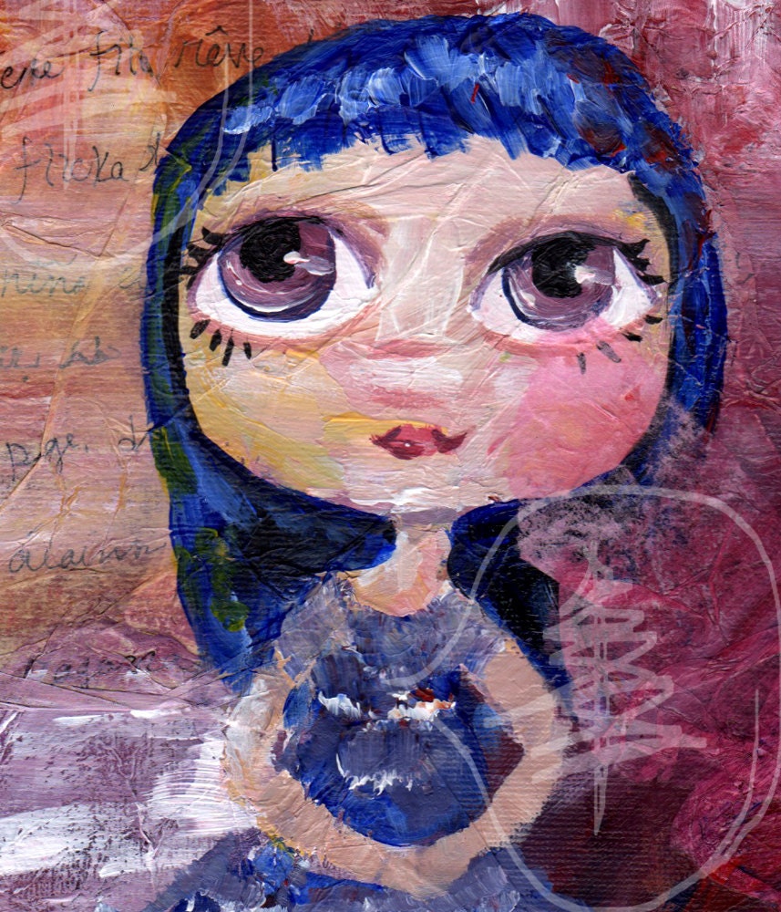 Girl Painting - Big Eye Art - Mixed Media painting - 8x10 Print -  Girl with blue hair - Purple - Happy Art