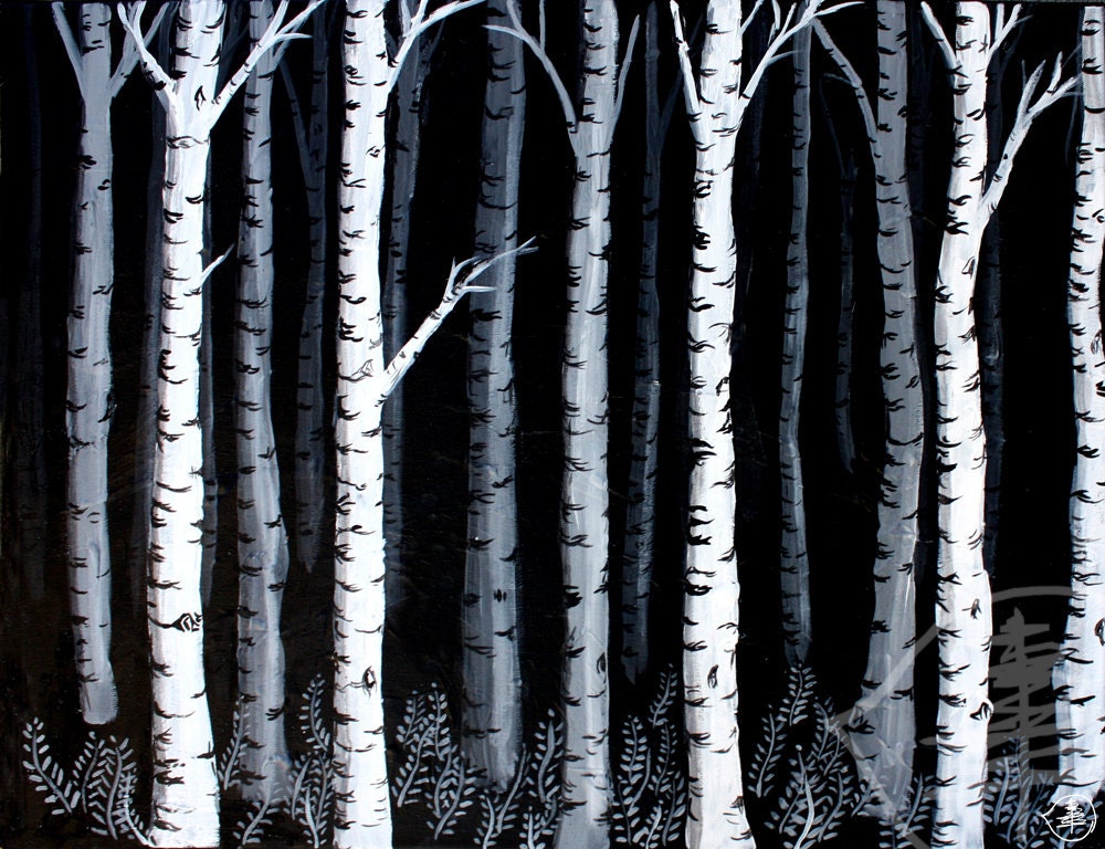 Aspen Forest painting - night - black - Forest painting - moonlight - dark painting - 8x10 - Print