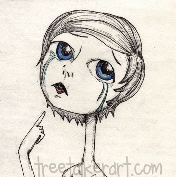 Girl Drawing - Big Eye Art - Pretty - Tears - Sad - Blue - Black And White
