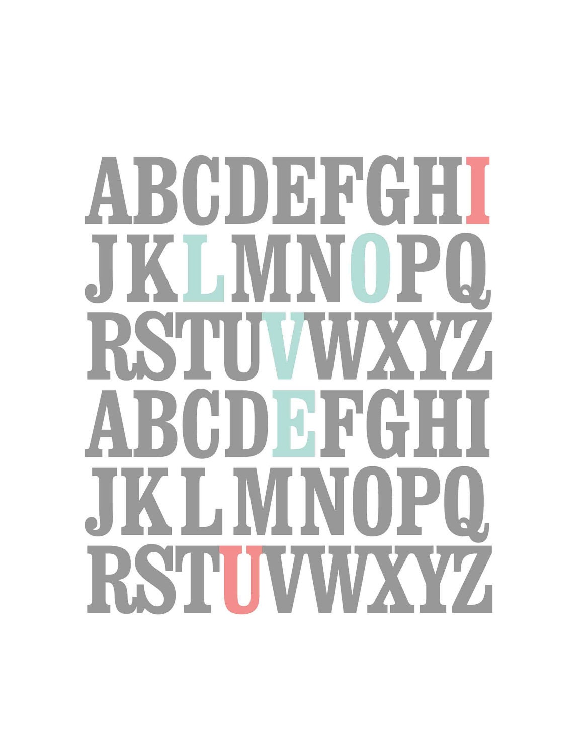 11x14 ABC Print. I love you. Alphabet Love. Typography Print. Mint and Coral - 115