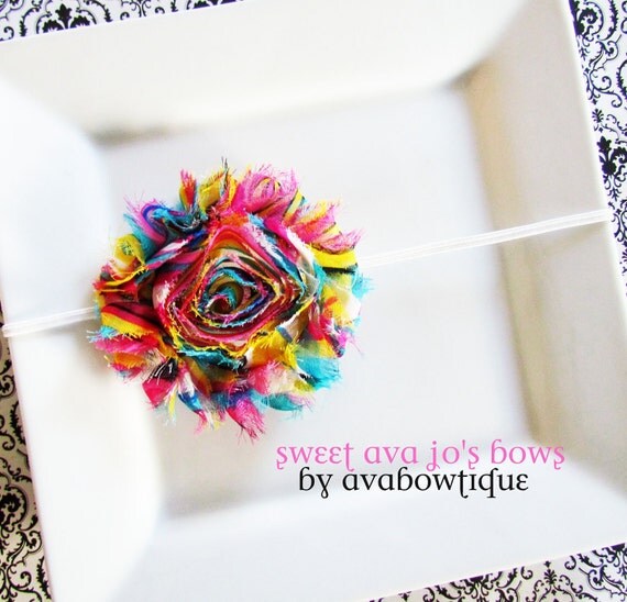 Caroline- Rainbow Frayed Chiffon Rosette Flower Skinny Headband