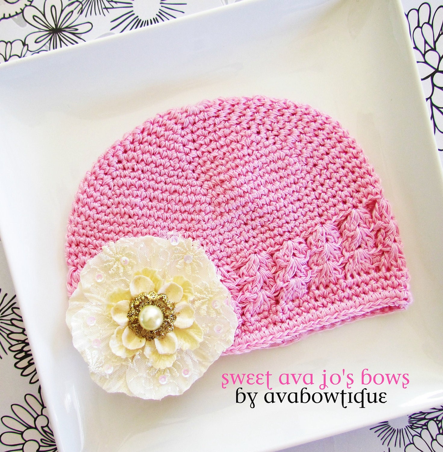 Harper- INFANT SIZE Light Pink Crochet Hat with Champagne Lace Flower Alligator Clip