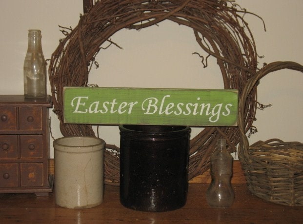 Easter Blessings -WOOD SIGN- Primitive Rustic Wall Decor Wall Hanging Shelf Sitter Country Handpainted Custom Colors Spring Easter