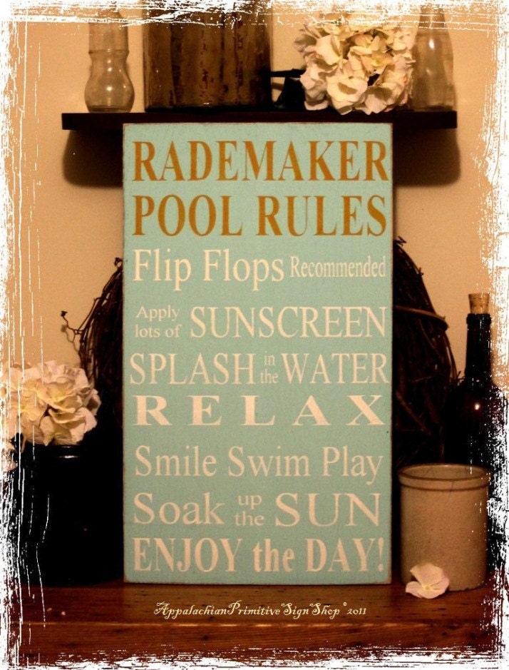 Custom Personalized Family Name Typography Pool Rules -Wood Sign- Outdoor Decor