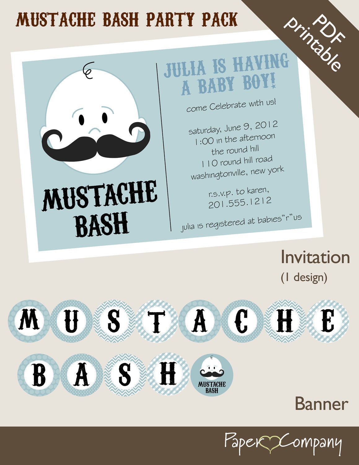 MUSTACHE BASH Boy Baby Shower Party Package Event Printable diy Customizable