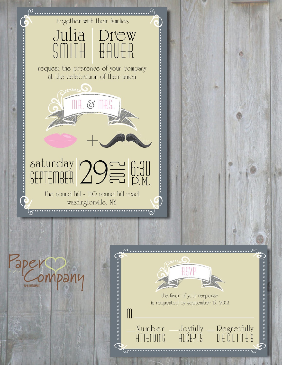 PRINTED WITH ENVELOPES - Pucker & Stache - Custom Wedding Save the Date/Invitation/Rsvp/Response Card/Table Number/Menu/Thank You/Photo Boot Il_570xn
