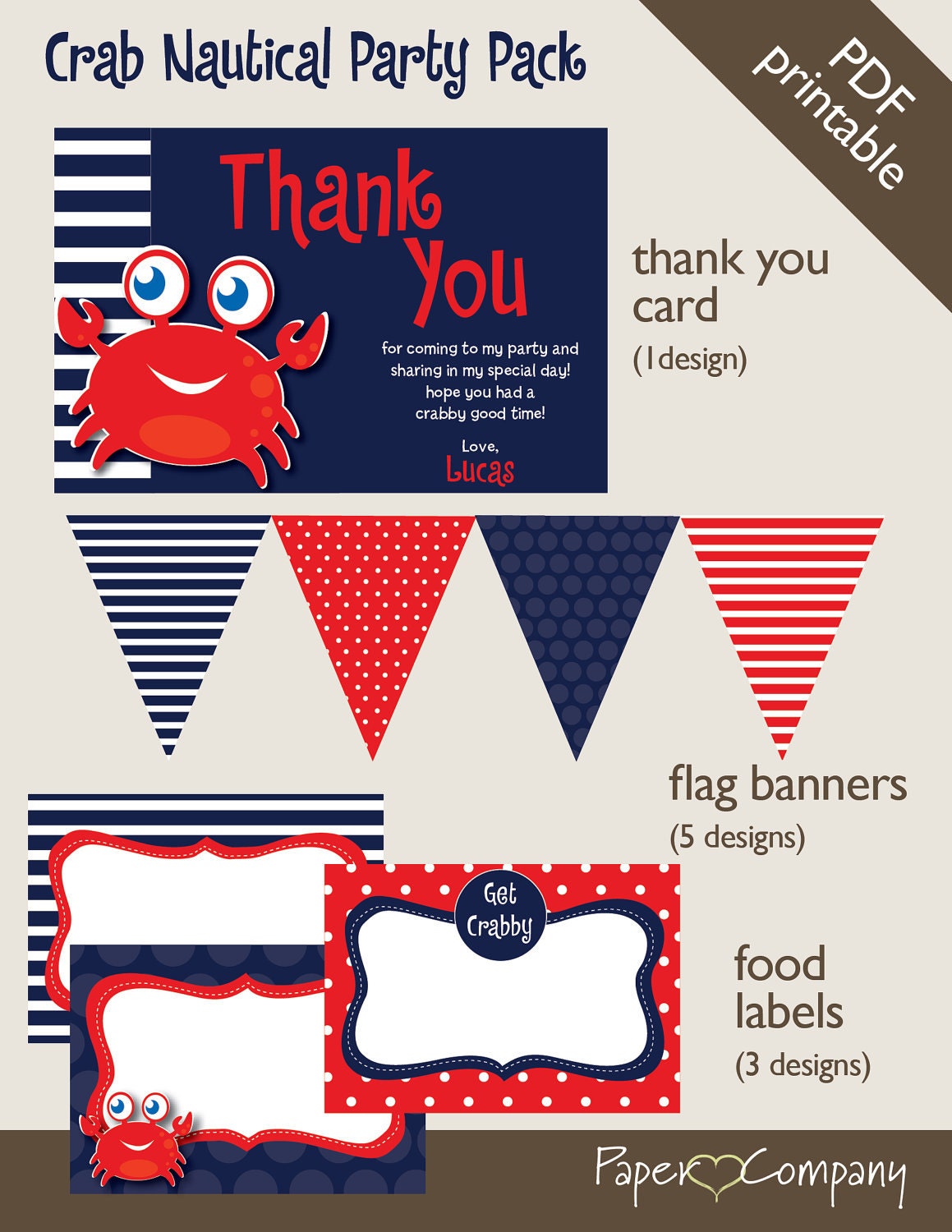 CRAB Nautical First Birthday Birthday Party Package, diy, printable