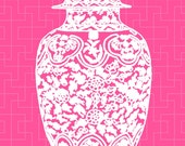 White Ming Chinoiserie Ginger Jar on Bright Pink Lattice 11x14 Giclee - thepinkpagoda