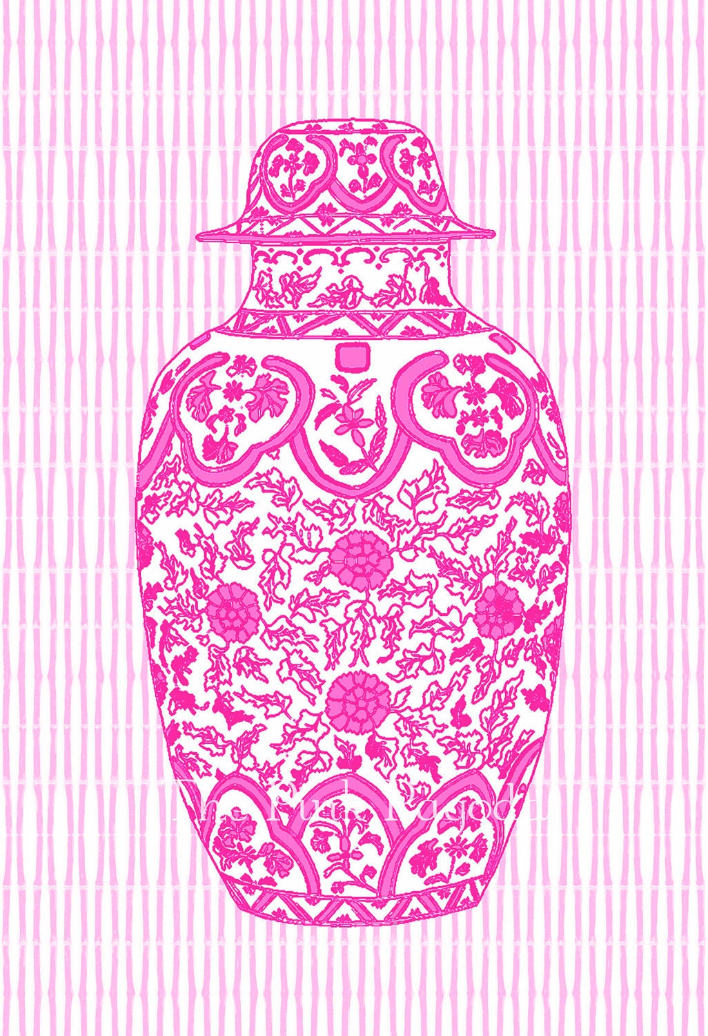 Hot Pink Ming Chinoiserie Ginger Jar on Bamboo Stripe 11x14 Giclee - thepinkpagoda