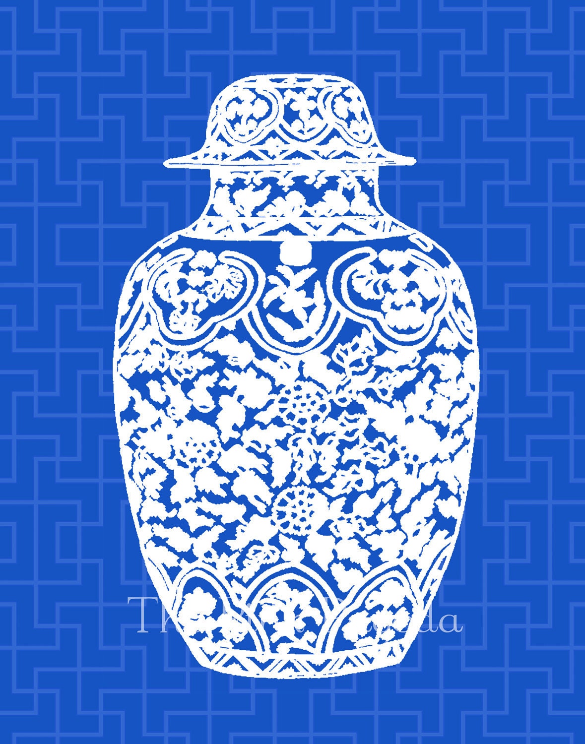 White Ming Chinoiserie Ginger Jar on Indigo Navy Blue Lattice 11x14 Giclee - thepinkpagoda